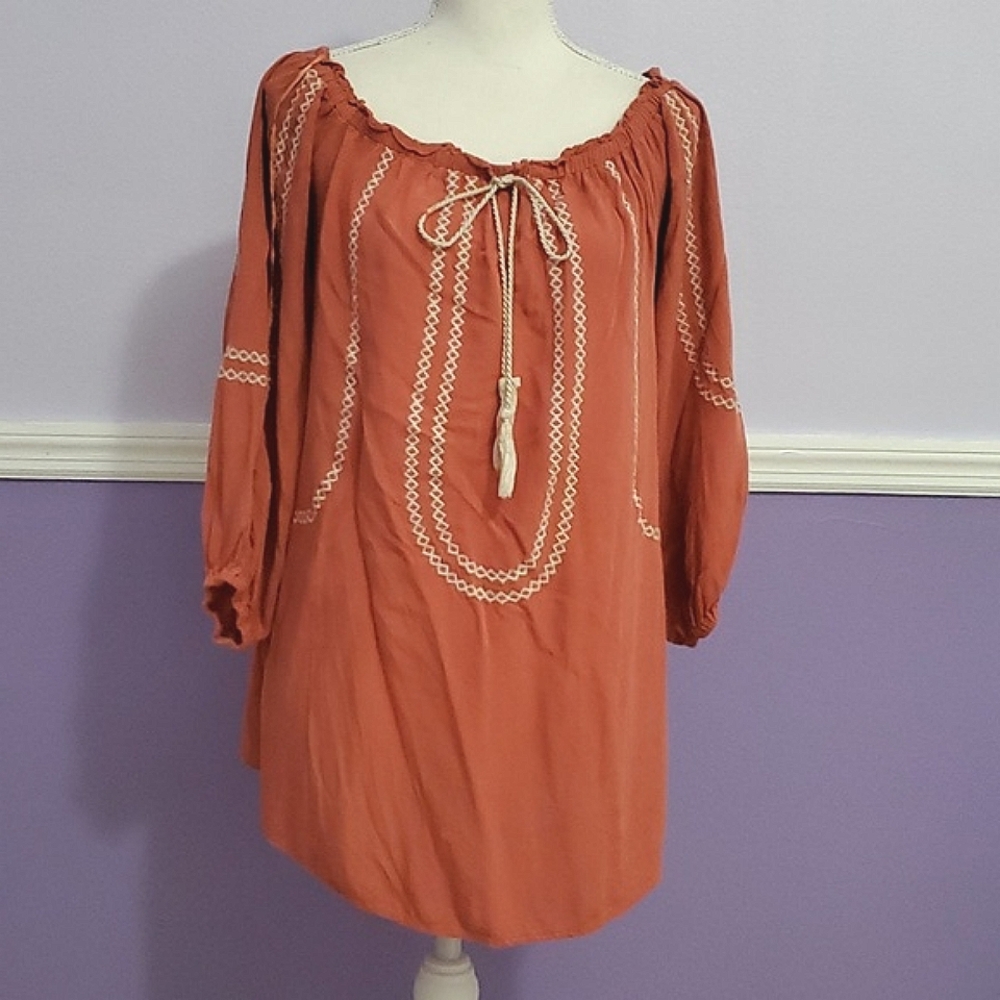 Flying Tomato Dark Salmon Boho Embroidered Peasant Tunic Top M